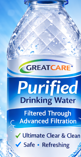 GreatCare Purified Drinking Water close-up view
